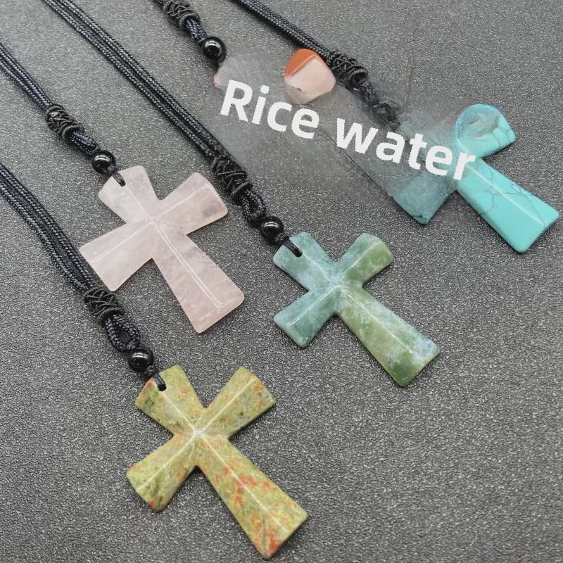 Ожерелье с крестом из агата - полудрагоценный камень, рождественский подарок, цепочка для свитера