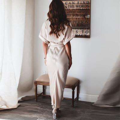 Модные драпированные вечерние платья с отложным воротником, элегантное офисное женское платье-рубашка на пуговицах, женское летнее длинное платье с коротким рукавом и разрезом