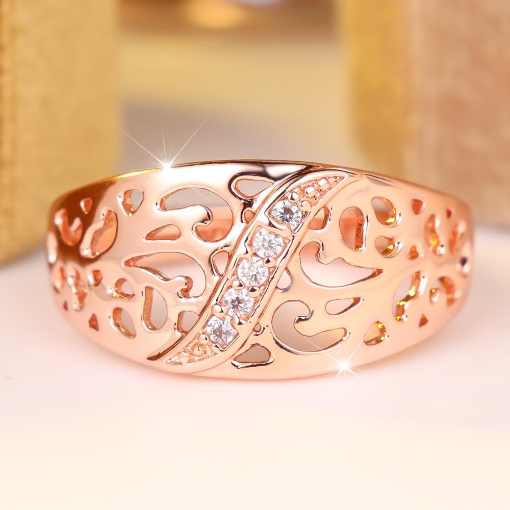 Rose Gold Color Hollow Out Leaf Pattern Zircon Ring for Women Fashion Jewelry Gift Party Wedding