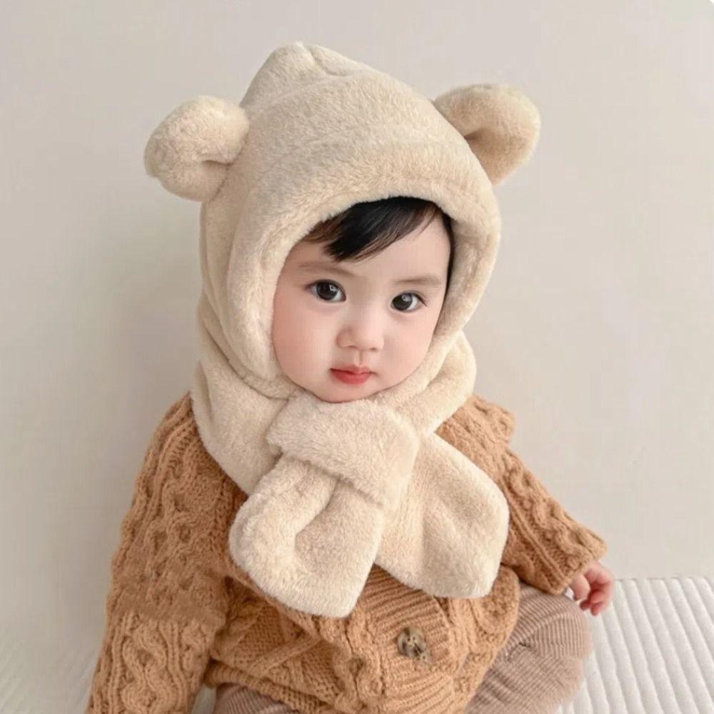 Soft Warm Baby Bear Plush Hat Winter Ear Protection Hats Cute One-Piece Hat Scarf  Boy Girls