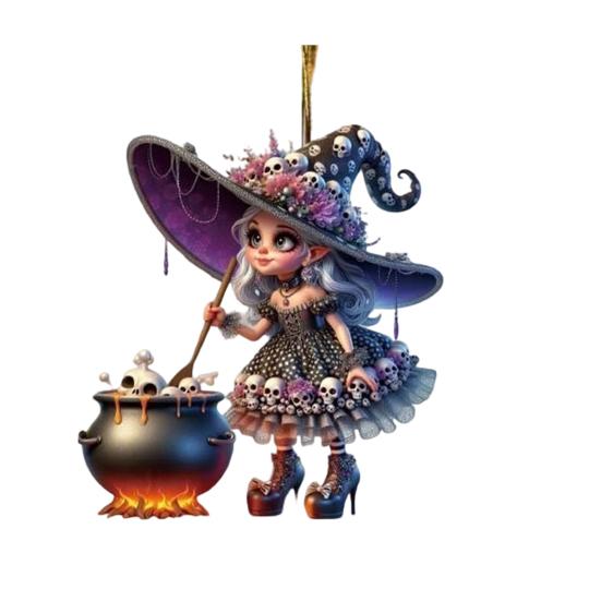 Halloween Witch Pendant Acrylic Car Charm Rearview Mirror Decoration Festive Atmosphere Scene Accessory