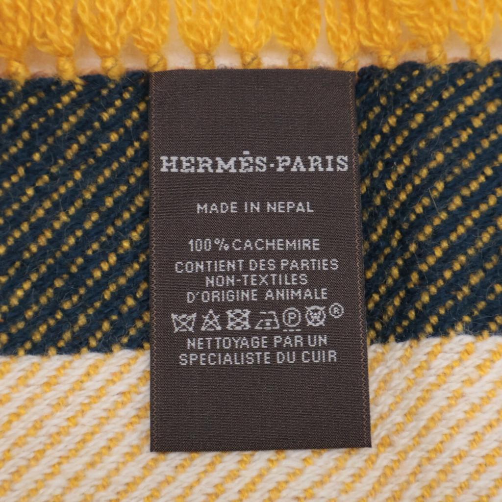 Hermes [Good Condition] Cashmere Fringe Scarf Jaune Soleil/Beige/EcruUsed
