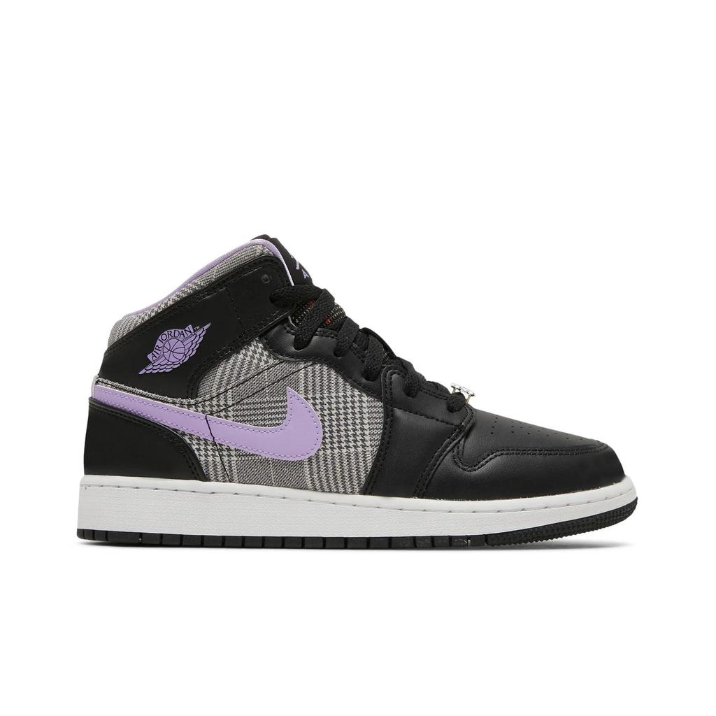 Air Jordan 1 Mid SE Grade School 'Houndstooth' (Unisex) Black / Lilac / White / Metallic Silver Kids' Basketball Shoes DC7226 015