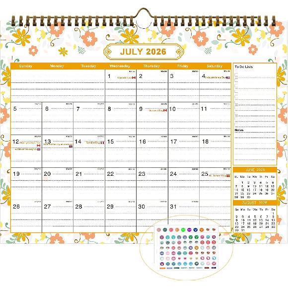 2026 Wall Calendar 12 Month - 15”*11.8” Large Wall Calendar 2026 with Stickers Thick Paper Hanging Calendars for Family Home Office School Flower