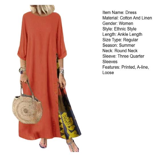 Женское летнее осеннее платье в стиле ретро с принтом в стиле пэчворк, круглый вырез, одинаковый цвет, рукава три четверти, трапециевидное женское платье макси с большим подолом