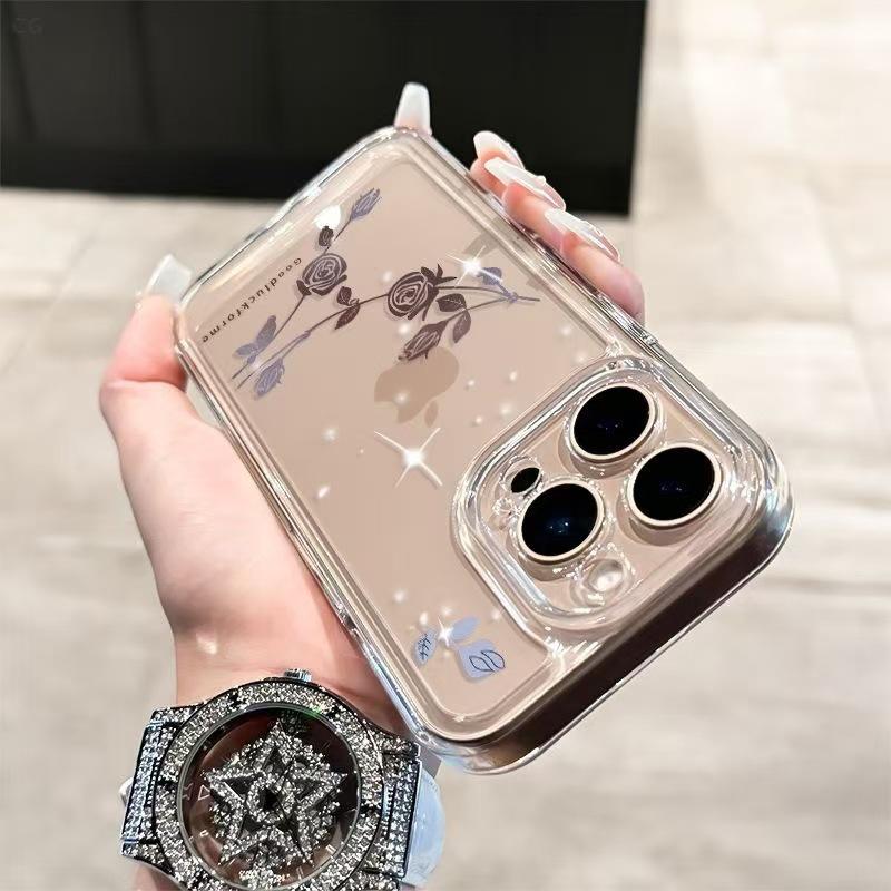 Чехол-накладка из мягкого материала с розой из стразов для iPhone 17 Pro Max/16e/15 Pro/14 Air/13
