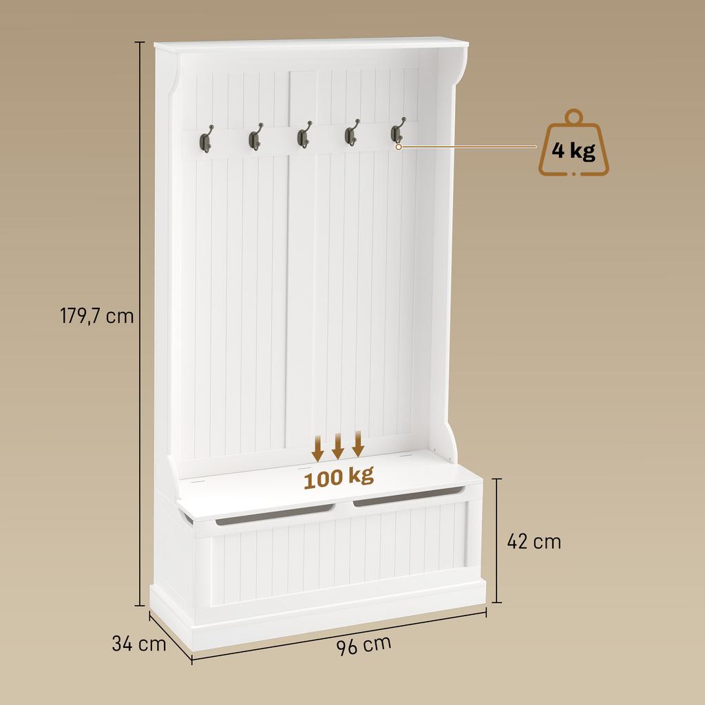 Hallway Coat Rack with Shoe Rack, Bench, 5 Hooks and Storage Space, 96x34x179.7cm, Ivory