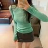 Mint Green Knitted Bottoming Shirt Early Spring New Slim-fitting Thin Slightly Transparent Sweet and Spicy Long-sleeved Women's Top