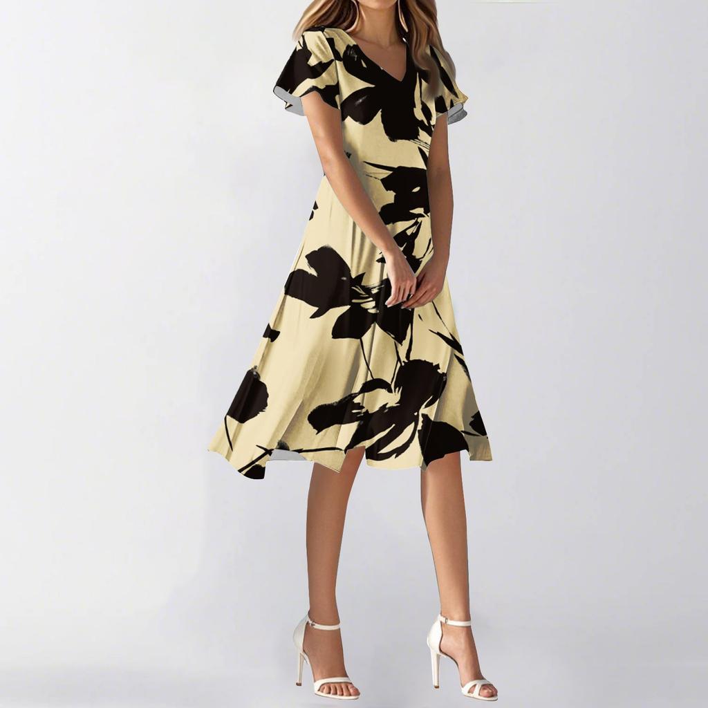 Women's Summer Casual Fashion Flower Print Dress V Neck Short Sleeve Short Skirt