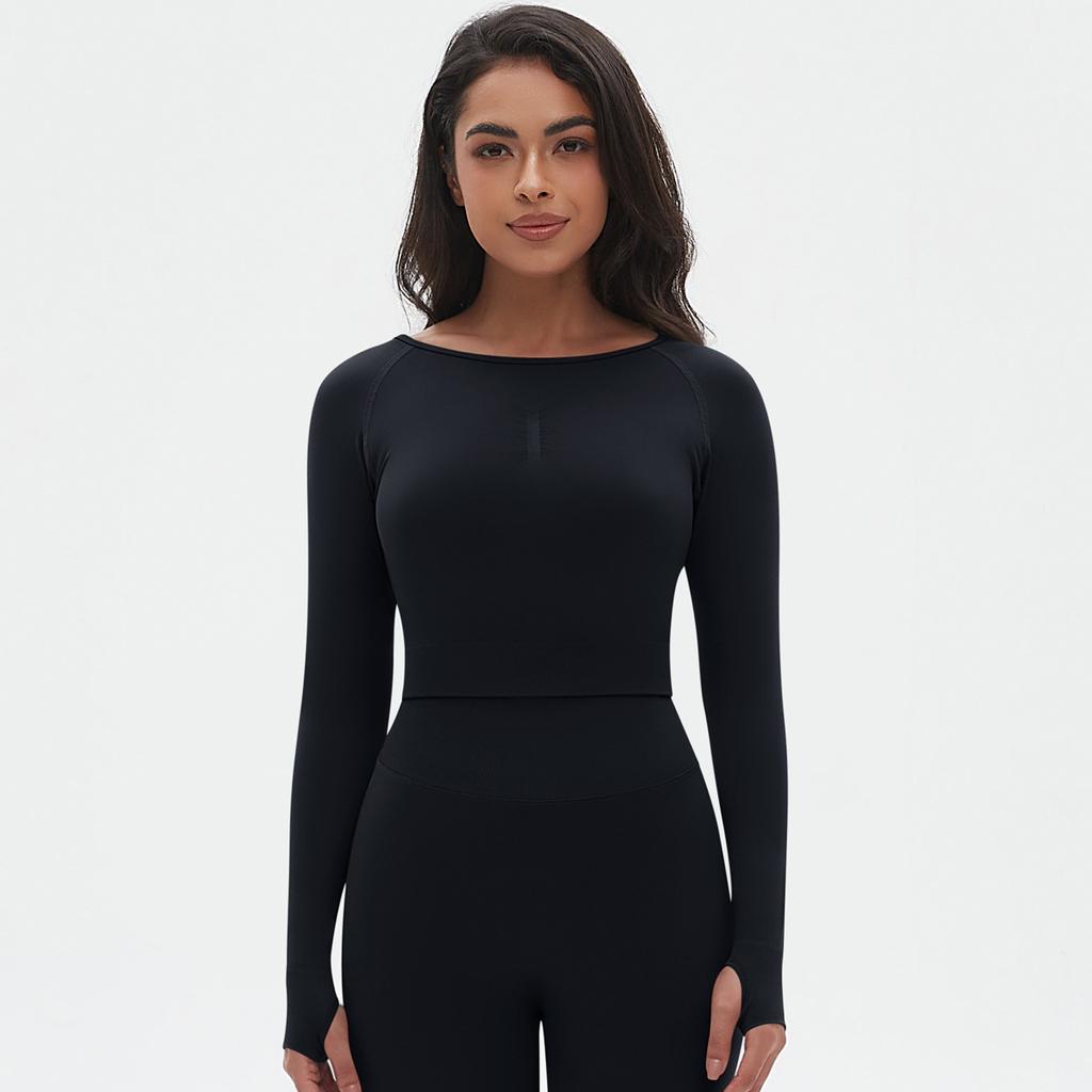 Seamless Knitted Solid Color Peach Tight T-shirt Top Fitness Exercise Yoga Clothing Moisture Absorbing Body Shaping Long Sleeve Women