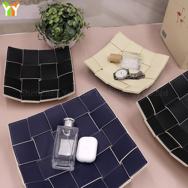 YY Pu Woven Leather Jewelry Tray Organised Nightstand Caddy for Men - EDC Catchall for Keys, Watch, Wallet, Jewellery Gift