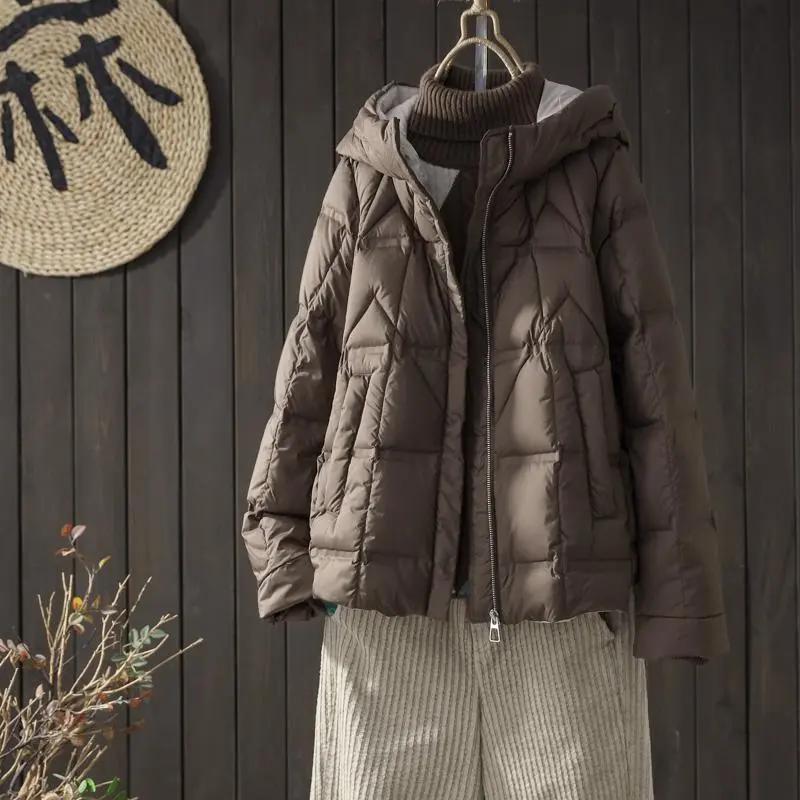 Женская зимняя пуховая куртка с капюшоном из белого утиного пуха, зимняя повседневная свободная утолщенная тонкая куртка