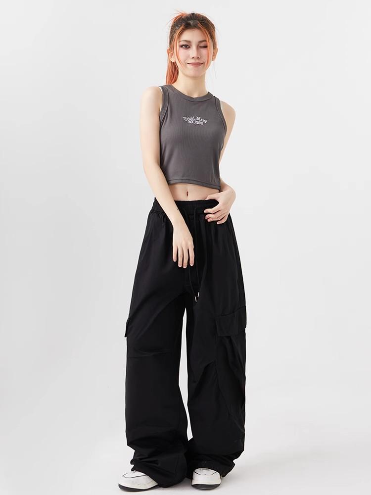 Women Big Pockets Cargo Pants Y2k High Elastic Waist Drawstring Baggy Trousers Vintage Casual Loose Wide Leg Straight Pants