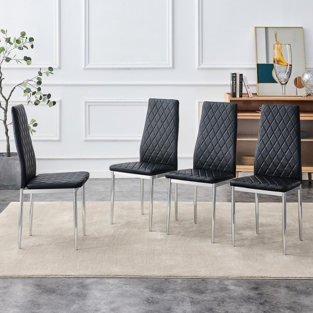 Set of 4 dining chairs, black, diamond pattern PU leather, metal legs, modern chair for kitchen, living room, café & home office