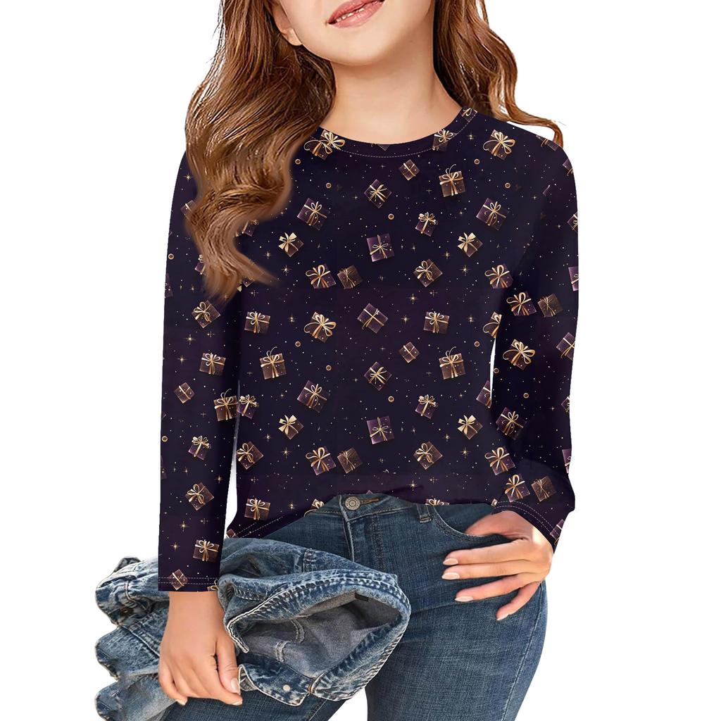 Christmas Day Girls Long Sleeve T Shirts Kids Fall Tops Crewneck Printed Basic Tees