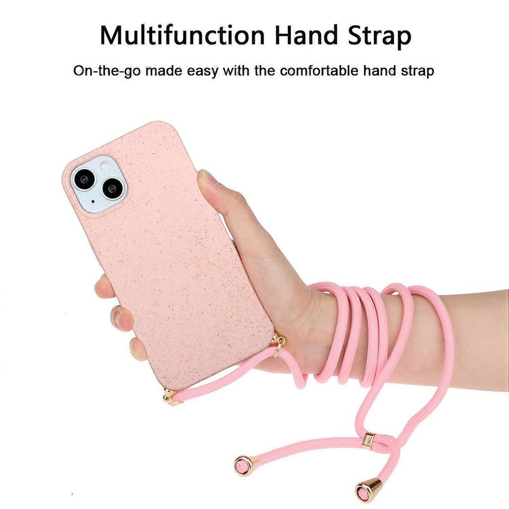 Wheat Straw Material + TPU Protective Case with Lanyard For iPhone 14