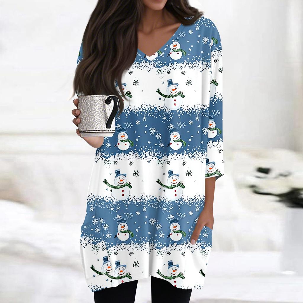 Женские топы с V-образным вырезом и рукавом 3/4, повседневные блузки средней длины, модные туники с рождественским принтом и карманами