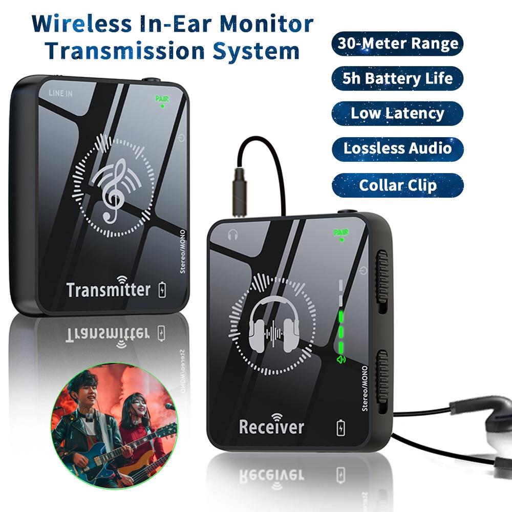2.4G Wireless In-Ear Monitor System Low Latency Wireless IEM Transmitter Receiver 30m Transmission 5H Battery for Stage/Streaming