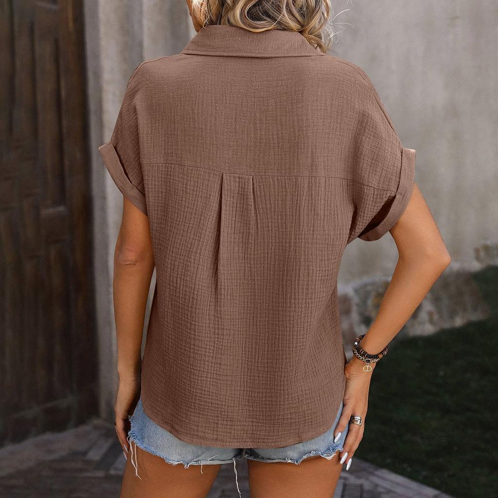Женские рубашки на пуговицах с коротким рукавом, повседневная рубашка с воротником, свободные блузки, однотонные топы с карманом