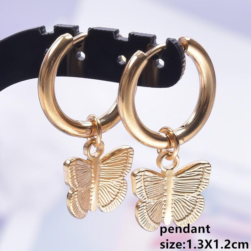 Funny Animal Dangle Earring Real Gold Plated Sea Horse Butterfly Dog Bone Stainless Steel Round Earrings For Women Men Piercing