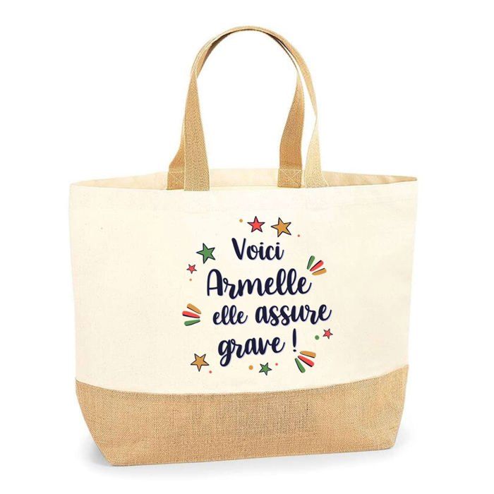 Tote bag en jute - PLANETEE - Armelle elle assure grave ! - Imprimé texte - Jute naturel - Fabriqué en France