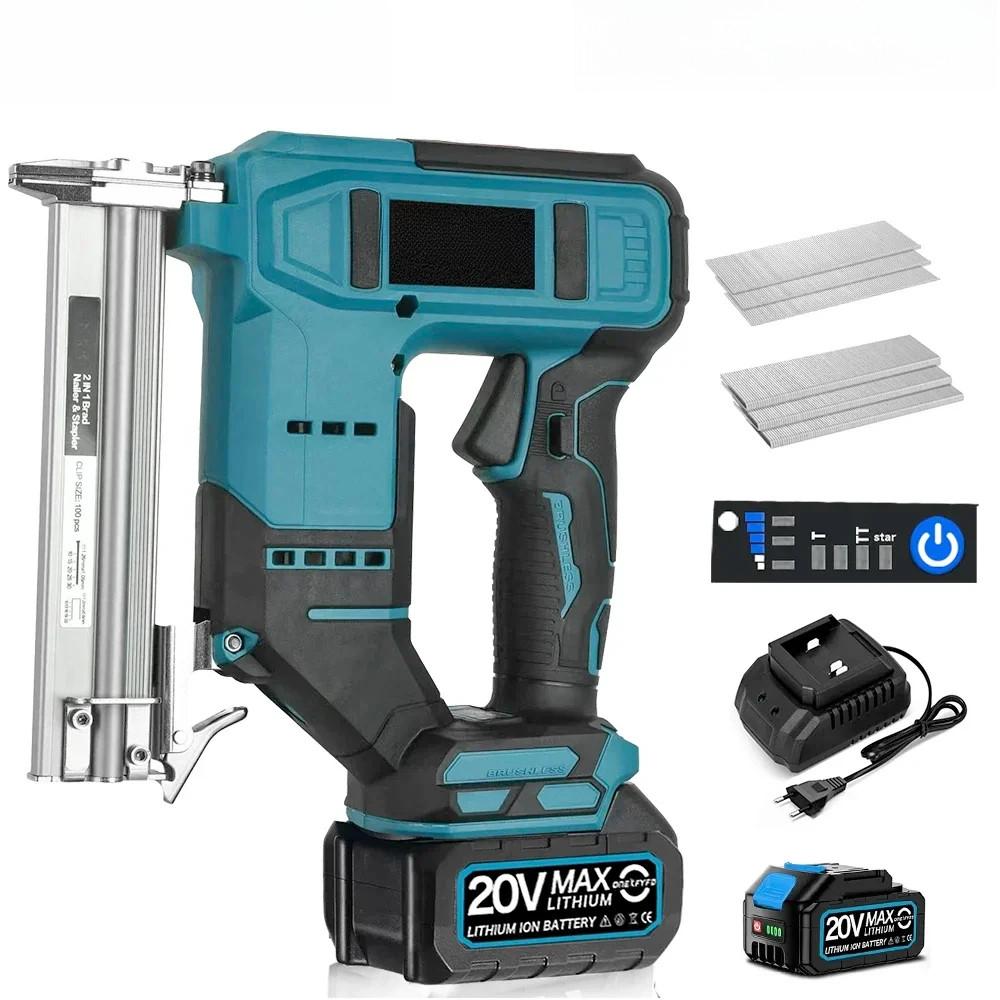 2 в 1 Бесщеточный электрический пневматический гвоздезабивной пистолет, беспроводной портативный гвоздезабивной степлер, каркасный гвоздезабивной инструмент для деревообработки