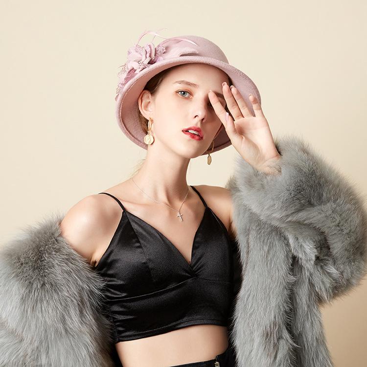 Bucket Hat Female British Retro Feather Flower Woolen Top Hat Elegant Felt Hat Pot Hat
