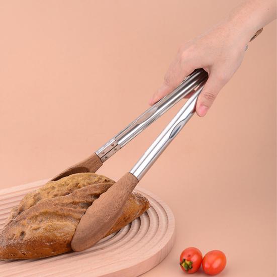 Wooden Tongs for Cooking Stainless Steel Kitchen Tongs Food Clip with Locking Mechanism