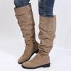 Fashion 2024 Winter Women Fashion Pleated Boots Women Faux Suede Flock Knee High Boots Slip On Square Low Heel Knight Booties Mujer