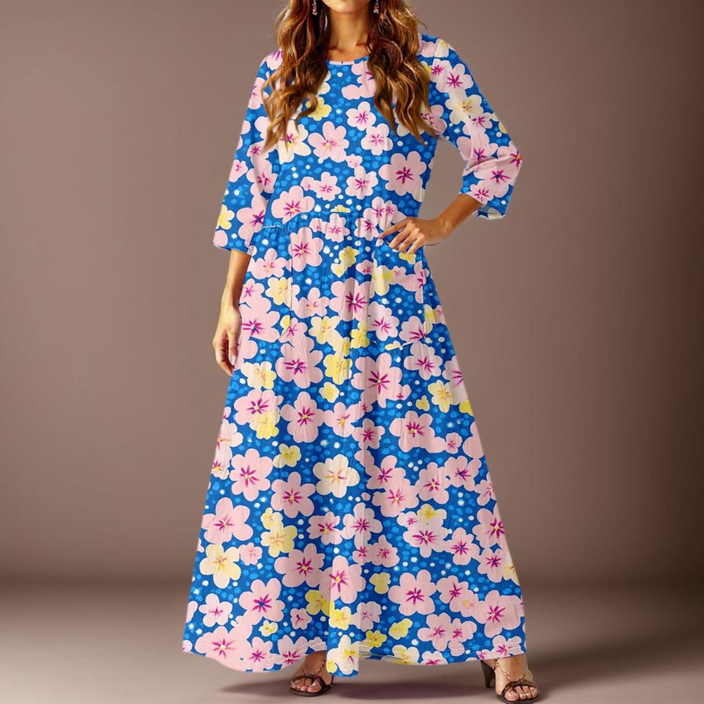 Женское повседневное модное платье с цветочным принтом, рукавом три четверти и карманами