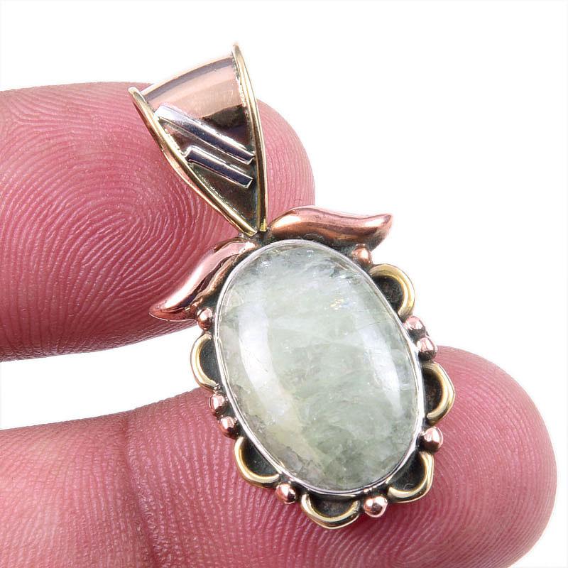 Natural Aquamarine Gemstone 925 Solid Sterling Silver TwoTone Pendant 1.25" D3I87