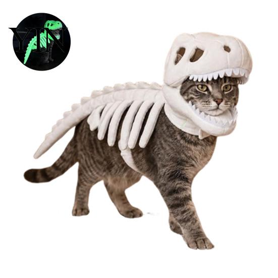Halloween Pet Apparel Dinosaur Skeleton Costume, Glow-in-The-Dark 3D Apparel, Soft Plush Hat Dino Outfit for Dogs Cats, Cosplay Holiday Party Costume