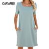 Летнее женское платье, однотонное, с квадратным вырезом, с коротким рукавом, свободные карманные платья