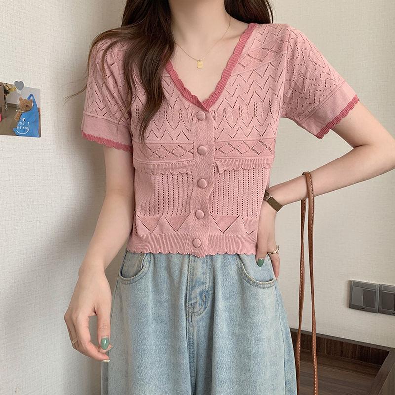 Футболка Ice Silk с короткими рукавами для женщин, летняя, тонкая, с уникальным дизайном, закрывающим живот. Укороченный ажурный трикотажный топ