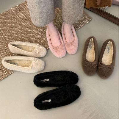 2025 осень и зима новая квадратная голова норка пух флис бант толстая подошва балетки бини женская одинарная обувь на плоской подошве