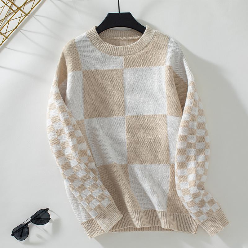 Autumn Winter Vintage Loose Long Sleeve Top Grid Pattern Cardigan Knitwear O-Neck Sweater