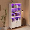 80x30x173cm Bookshelf, Solid Wood Legs, Multiple Storage Compartments, Double Doors, LED Color-Changing Ambient Light, App Control, White