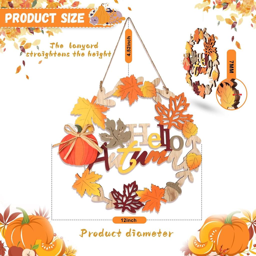 Fall Front Door Decor, 12 Inch Fall Wreaths for Front Door, 3D Wooden Fall Door Sign Hanging Pumpkin Maple Leaf Wreath with Autumn Sign for Harvest