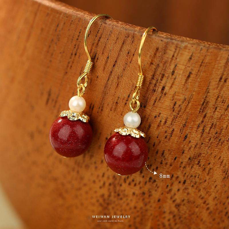 Shangyangchun Natural Cinnabar Women's Model9Silver New Chinese Style Earrings, Red New Chinese Style Ear Jewelry, Unique Gift