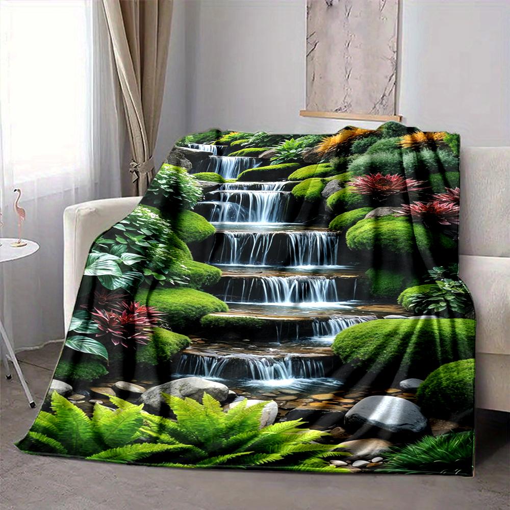 1Pc Waterfall Lush Garden Blanket Soft And Comfortable Casual Warm Camping Travel Christmas Halloween Xmas Gift M92859