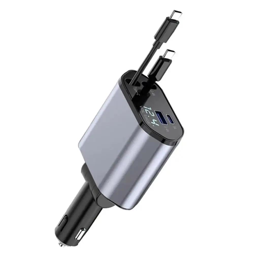 Pd Car Charger 120w Quick Charger With 2 Retractable Cables Type C Fast Car Charger Voltmeter 4 In 1 Power For Huawe P2w2