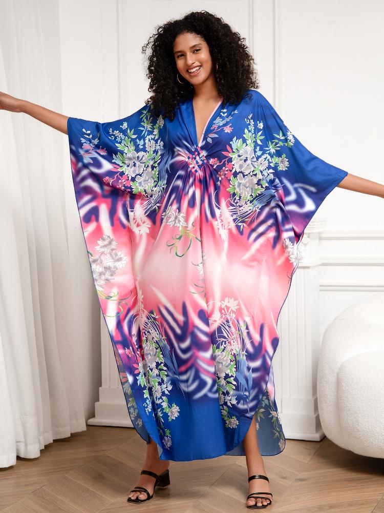 EDOLYNSA Classy Oversized Blue Bohemian Women's Kaftan Robe Holiday Party Dress Light jacket Swimsuit cover-up Lounge wear Q1289