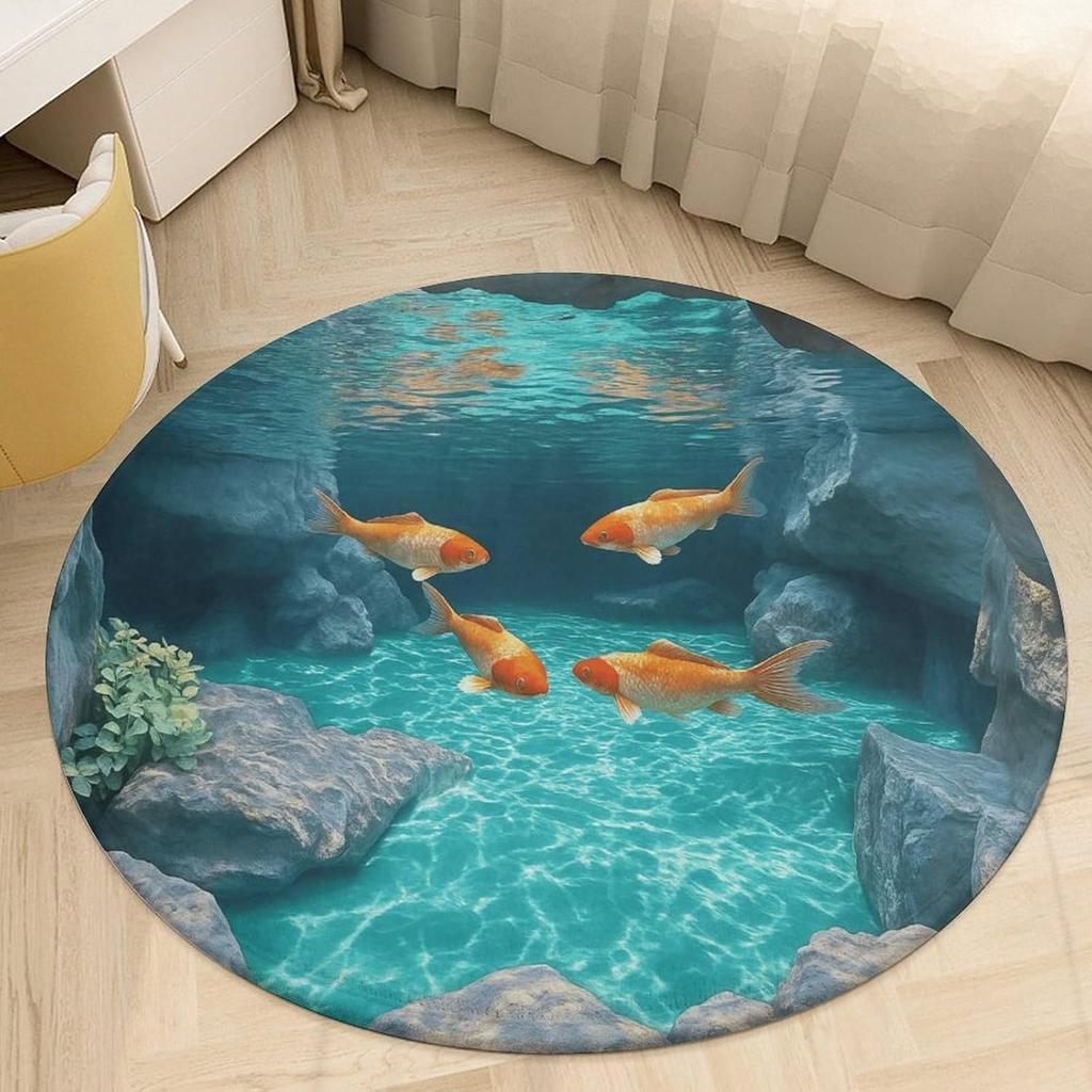 3D Goldfish Underwater Cave Carpet Anti Slip Round Carpet Home Decoration Living Room Floor Mat Blue Sea Fish Pattern Rug