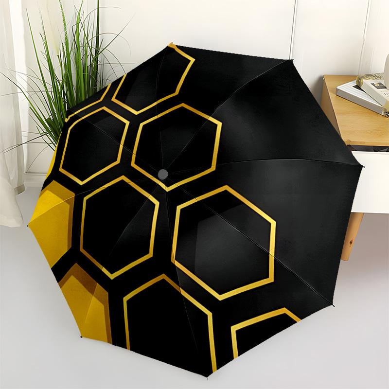 1PC Hexagon Honeycomb Pattern Automatic Windproof Umbrella 8 Rib Portable Folding Black Iron Frame for Outdoor, Beach, Travel, Beach Umbrella S04