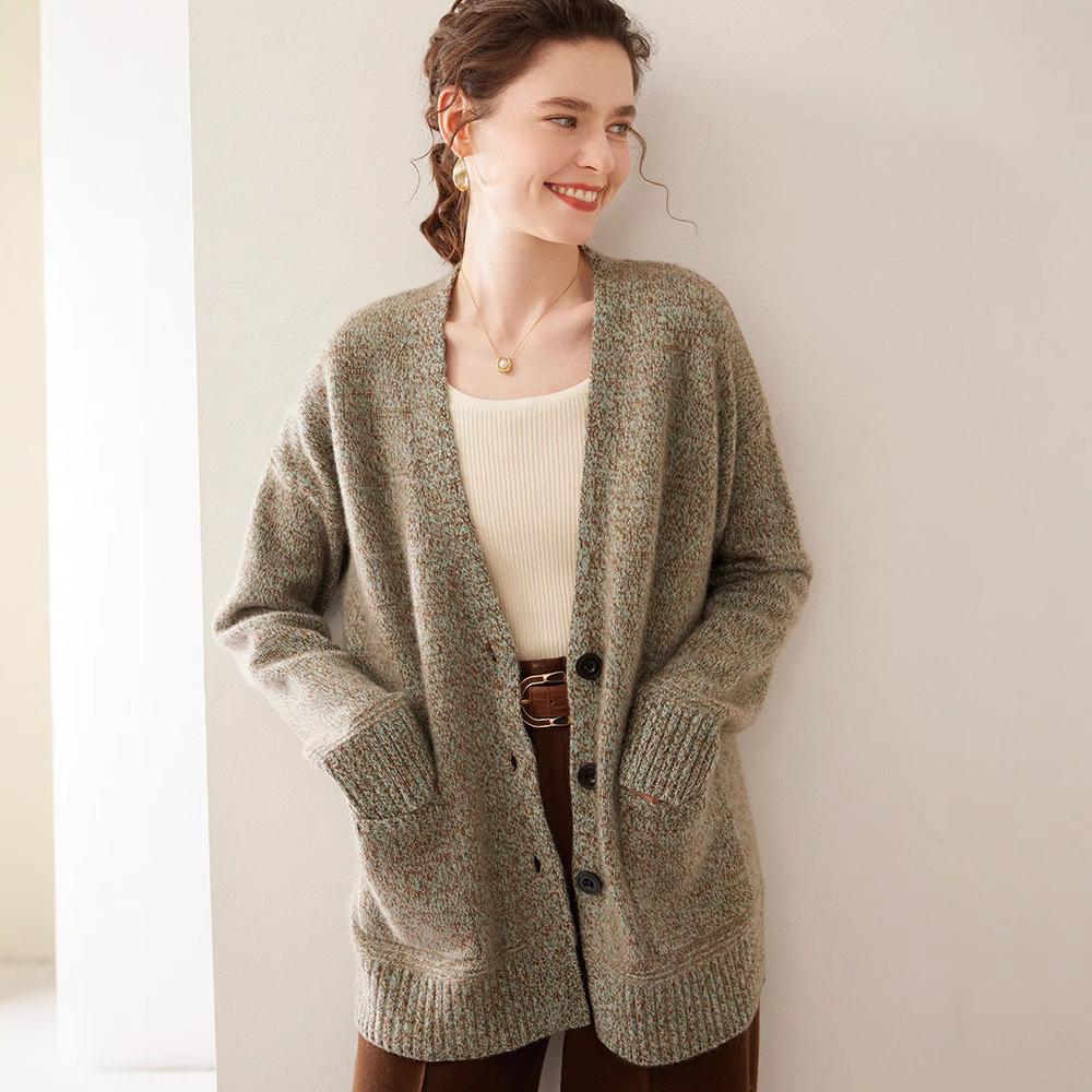 Women's V-Neck Cashmere Knit Cardigan - Autumn/Winter, Long Sleeve, Thick, Stylish & Versatile.