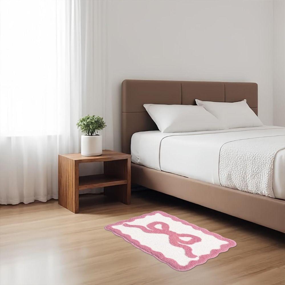 Pink Blue Preppy Scalloped Rug Bow Decor Girly Shower Rug for Bedroom Kitchen Bathroom Floor