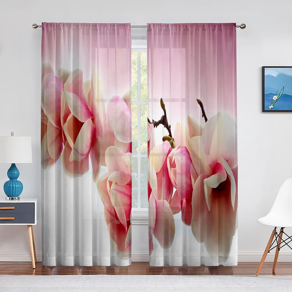 Pink Magnolia Spring Flowers Sheer Curtains for Living Room Bedroom Kitchen Hotel Decoration Chiffon Tulle Voile Window Curtain