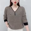 Fashion Women Vintage Versatile Knitted T-shirt Korean Spring Autumn New Tees Plaid V-Neck Loose Long Sleeve Casual Tops 2023