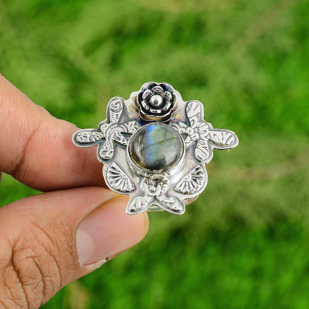 Gift For Her Natural Labradorite Statement Flower Adjustable Ring 925 Silver