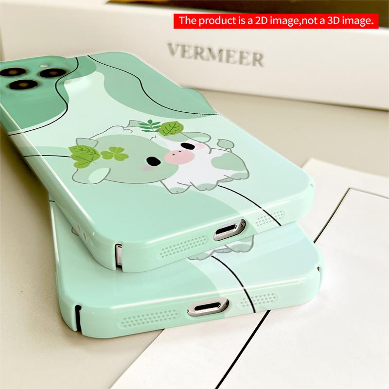 2DFlat Green Cow with Leaves Phone Case All inclusive film hard iPhone case, compatible with iPhone 18 Pro Max 17 16 15 14 13 12 11